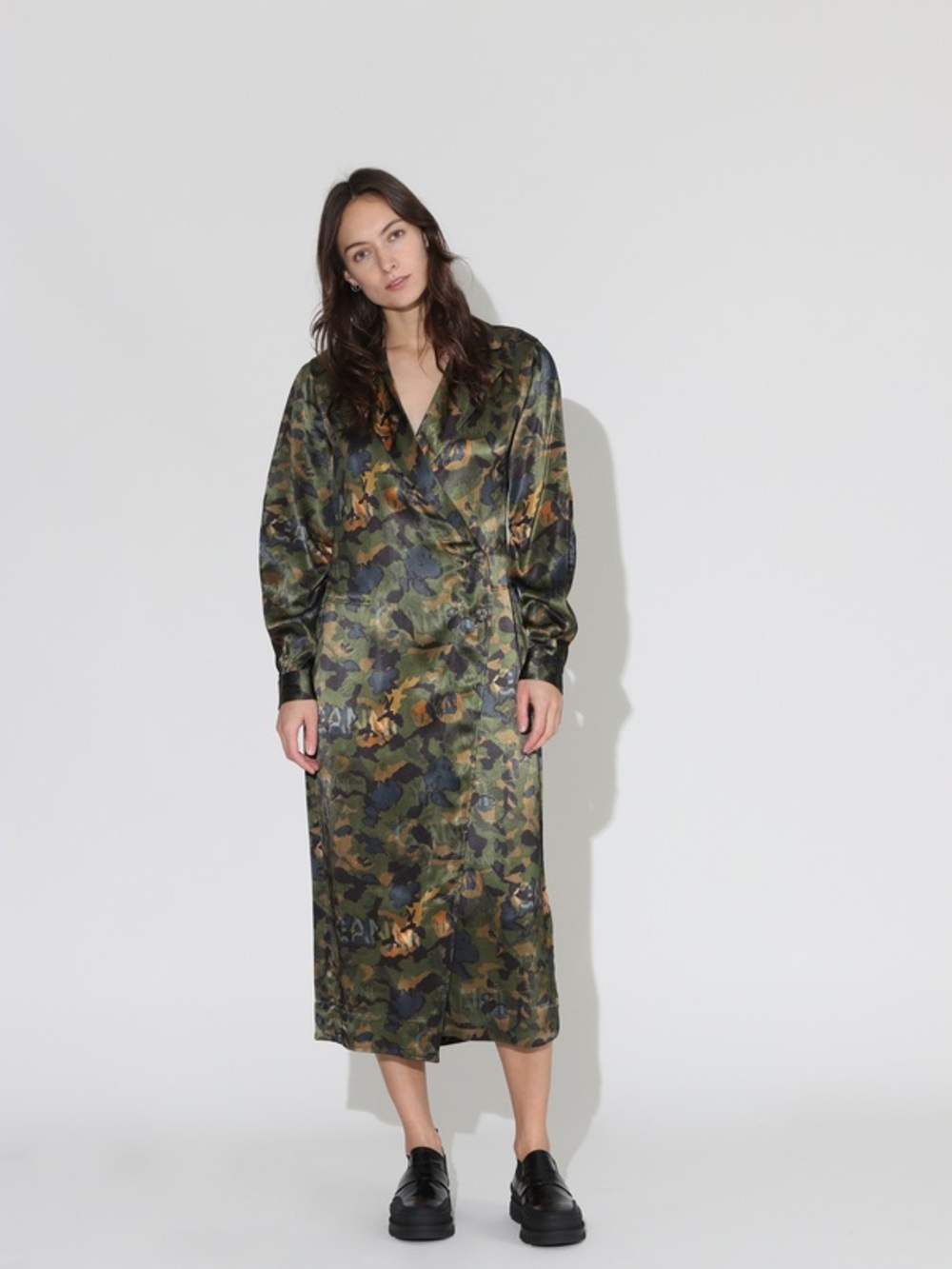 Ganni Satin Camo Wrap Midi Dress - Olive, Black, Brown - Picture 4 of 12